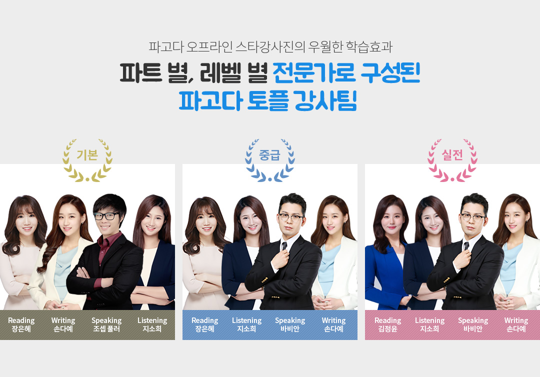 파트별, 레벨별 전문가로 구성된 파고다 토플 강사팀