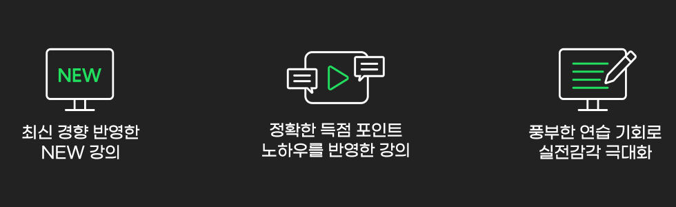 최신 경향 반영한 2020 NEW 강의, 정확한 득점 포인트 노하우를 반영한 강의, 풍부한 연습 기회로 실전감각 극대화