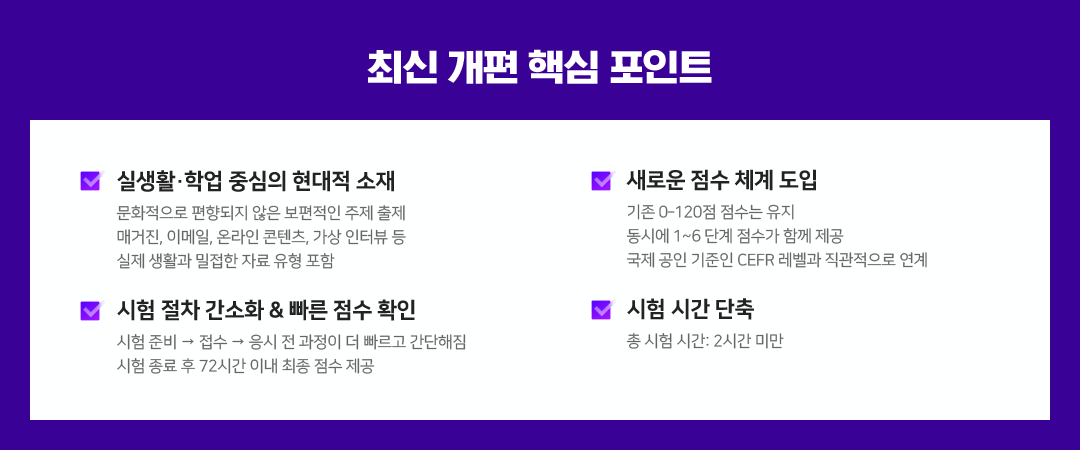 최신 개편 핵심 포인트, 실생활 학업 중심의 현대적 소재, 새로운 점수 체계 도입, 시험 절차 간소화 & 빠른 점수 확인, 시험 시간 단축