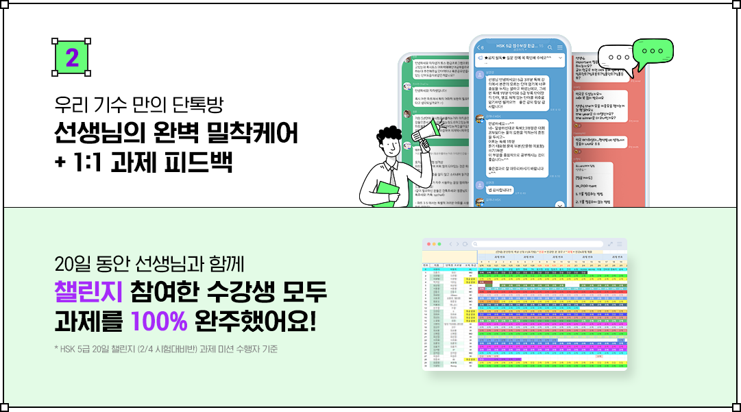 우리 기수 만의 단톡방 선생님의 완벽 밀착케어 + 1:1 과제 피드백, 40일 동안 선생님과 함께 71%의 수강생이 과제를 100% 완주했어요! * 오픽 챌린지 1기 과제 미션 수행자 기준