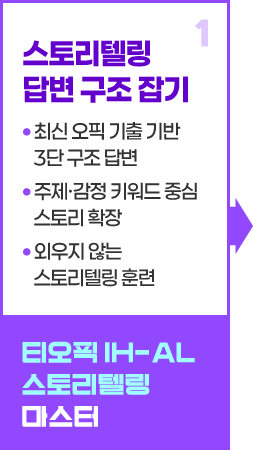 1. 스토리텔링 답변 구조 잡기 -최신 오픽 기출 기반 3단 구조 답변 -주제·감정 키워드 중심 스토리 확장 -외우지 않는 스토리텔링 훈련