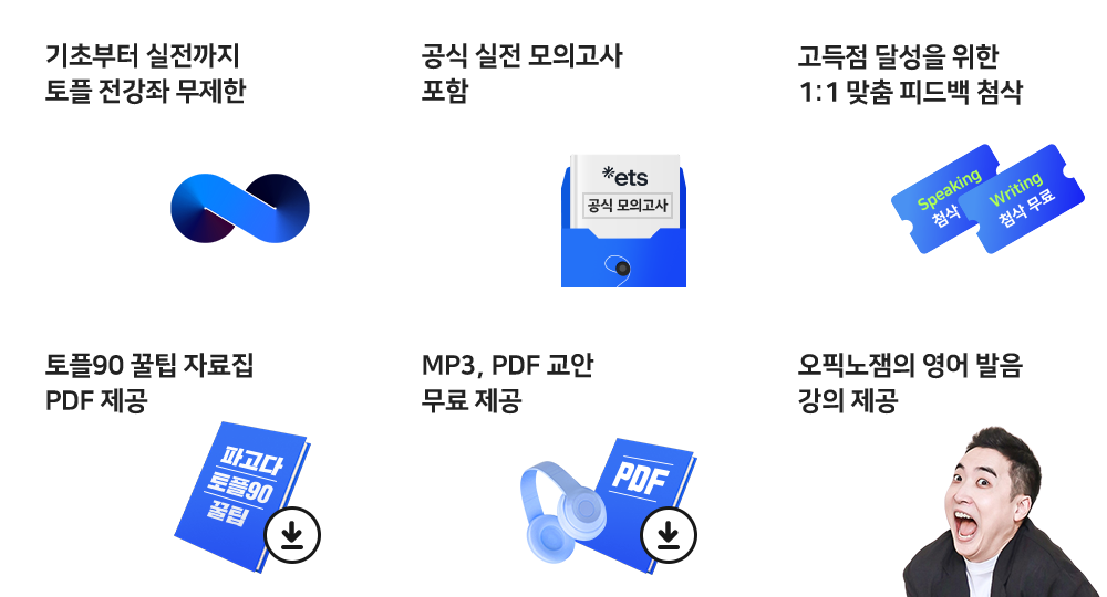 기초부터 실전까지 토플 전강좌 무제한, 공식 실전 모의고사 포함, Speaking고득점 달성을 위한 1:1 맞춤 피드백 첨삭, 토플90 꿀팁 자료집 PDF 제공, MP3, PDF 교안 무료 제공, 오픽노잼의 영어 발음 강의 제공